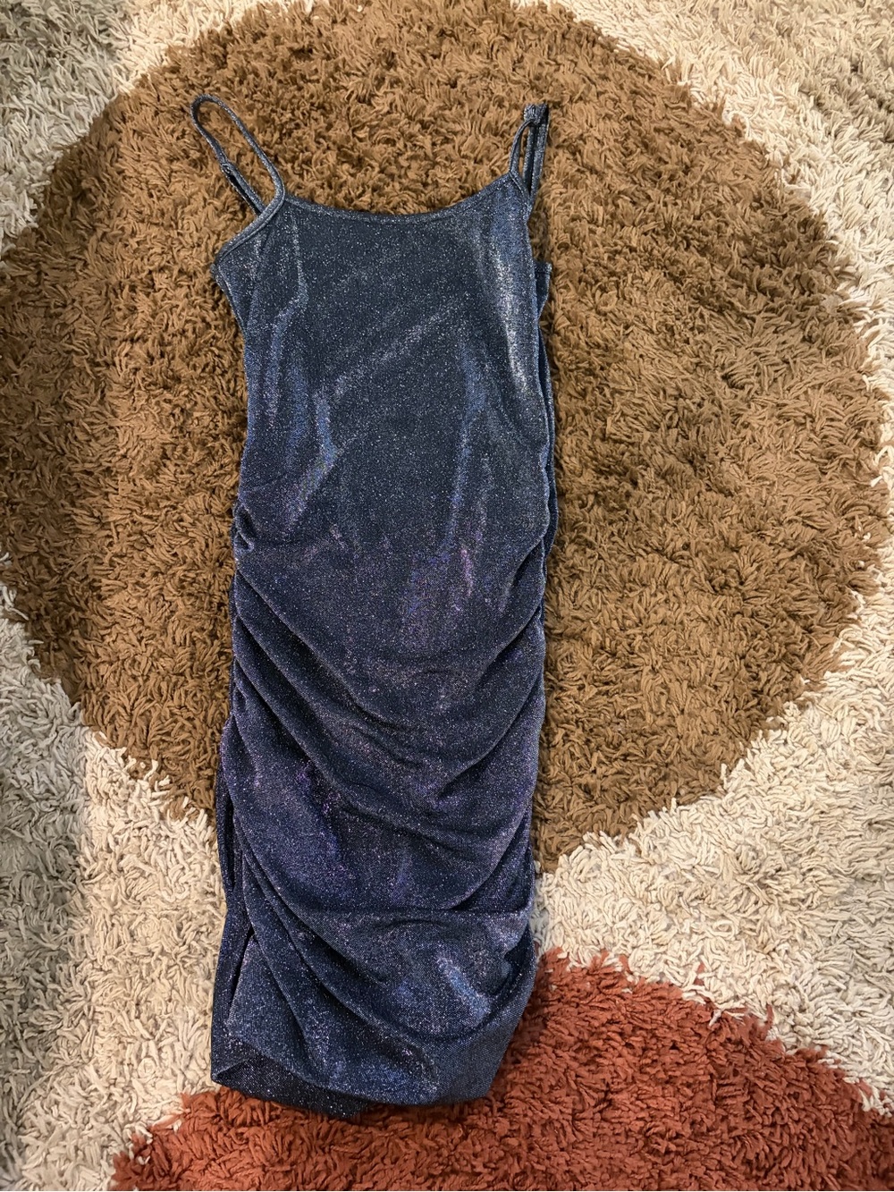Katie J NYC Navy Sparkle Ruched Slip Midi Dress